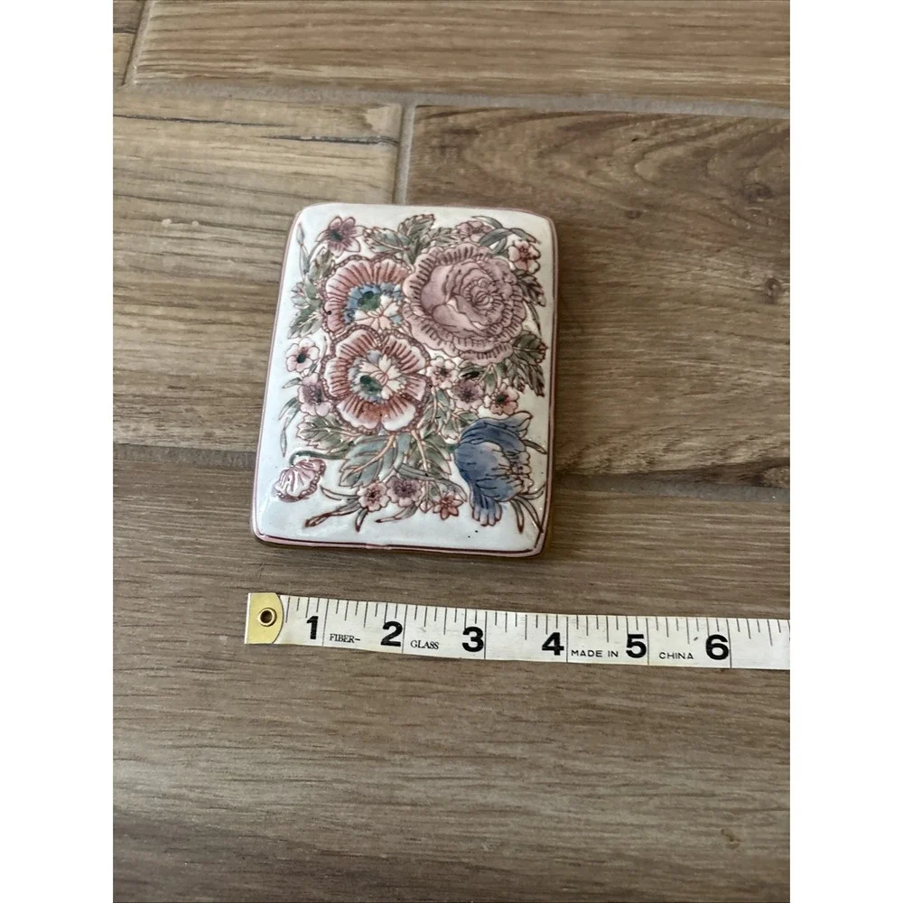 Pink Purple Peach Floral Embossed Ceramic Trinket Dish Jewelry Box Asian 5